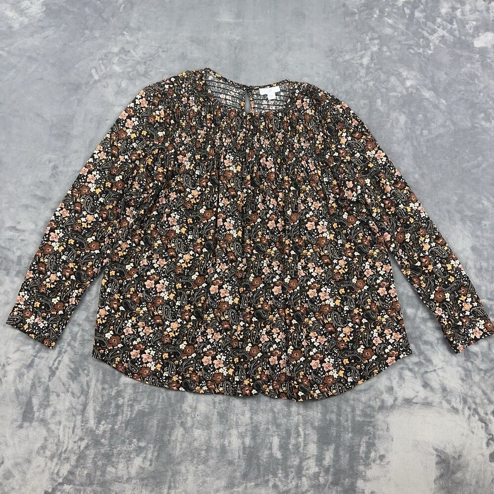 J Jill Blouse Womens Size M Black Brown Floral Paisley Smocked Peasnat Top Boho